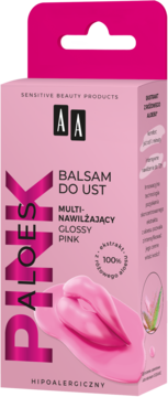 Różowy balsam do ust AA Aloes Pink, multi-nawilżający, z efektem glossy, widok na przód opakowania.