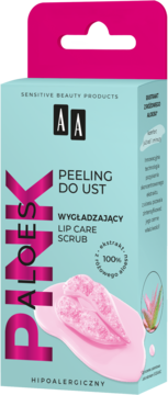 Jasnoniebieskie pudełko AA Aloes Pink peeling do ust, wygładzający Lip Care Scrub, widok z przodu.