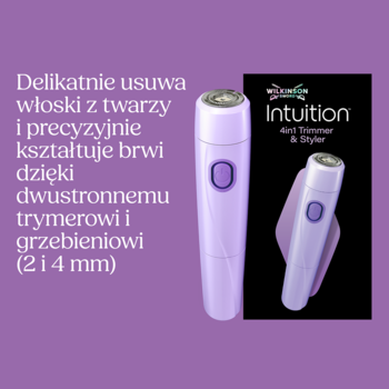 Wilkinson Sword Intuition 4-w-1 Perfect Finish, fioletowy trymer do twarzy i brwi z czarnym opakowaniem.
