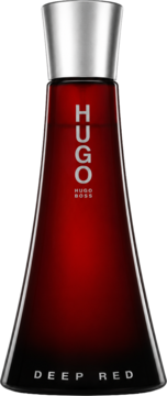 Hugo Boss Deep Red damska woda perfumowana w stożkowej, czerwonej butelce ze srebrną nakrętką, widok z przodu.
