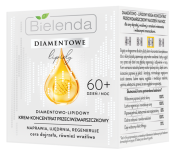 Bielenda Diamentowe Lipidy 60+ krem przeciwzmarszczkowy w białej saszetce, widok z przodu, złota kropla.