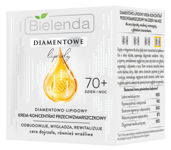 Bielenda Diamentowe Lipidy 70+ krem-koncentrat przeciwzmarszczkowy. Białe opakowanie z dużą złotą kroplą, widok z przodu.