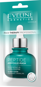 Eveline Cosmetics Peptide Ampoule-Mask w zielonej butelce z pipetą, widok z przodu w przezroczystym opakowaniu.