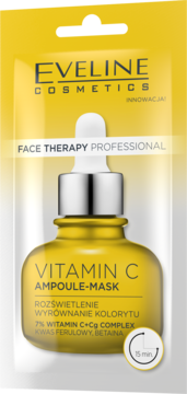 Żółta saszetka Eveline Face Therapy Professional Vitamin C Ampoule-Mask, z kroplomierzem, widok z przodu.