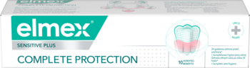 Białe opakowanie pasty Elmex Sensitive Plus Complete Protection. Zielone logo, napis i grafika zęba z dziąsłami.