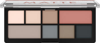 Matowa paleta cieni do powiek z 8 odcieniami w beżach, brązach, szarościach i różu, widok z góry.