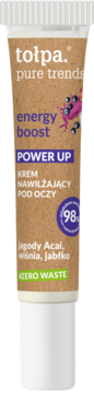 Tołpa Energy Boost Power Up krem nawilżający pod oczy, brązowa tuba z jagodami Acai i napisem ZERO WASTE.