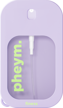 Pheym FINESS perfumy podróżne w fioletowej butelce z gumową osłoną, zielony napis, widok z przodu.