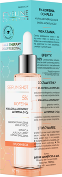 Eveline Serum Shot 5% Kofeina Complex do oczu, pudełko turkusowe z pomarańczowym pasem, widok z przodu.