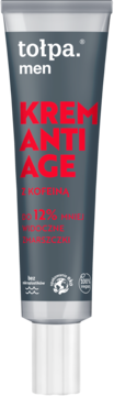 Tołpa Men krem anti-age z kofeiną w ciemnoszarej tubce, z przodu, czerwony napis, redukuje zmarszczki.