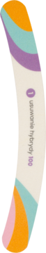 Wielobarwny pilnik do paznokci, gradacja 100, z napisem 'usuwanie hybrydy 100' i cyfrą 1. Widok pionowy.