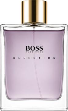 Hugo Boss Selection woda toaletowa dla mężczyzn. Front butelki z fioletowym płynem, złotą nakrętką i logo.