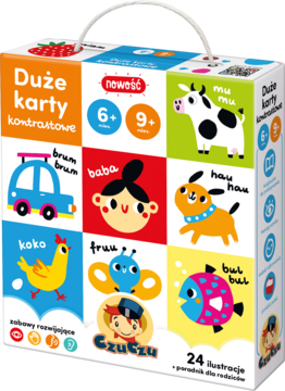 Białe pudełko Duże karty kontrastowe Czuczu dla niemowląt 6/9+ miesięcy z barwnymi ilustracjami zwierząt i przedmiotów.