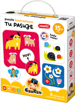 Kontrastowe puzzle CzuCzu TU PASUJE w białym pudełku z kolorowymi grafikami zwierząt i roślin, dla 15m+.