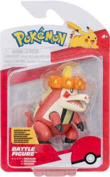 Figurka Pokemon Battle Figure Crocalor w oryginalnym czerwono-białym opakowaniu z logo Pikachu, widok z przodu.