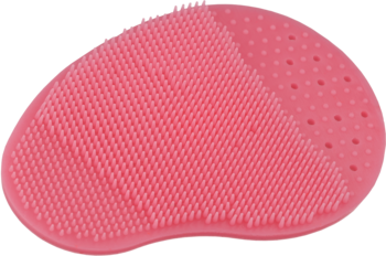 Różowy silikonowy płatek do mycia i masażu twarzy, widok z góry, z dwiema strefami wypustek.