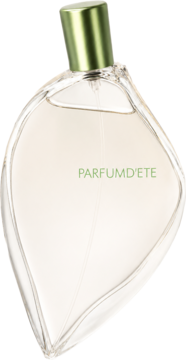 Kenzo Parfum D'Ete woda perfumowana, szklana butelka w kształcie liścia z zieloną nakrętką i napisem, widok z przodu.