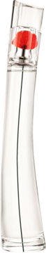 Kenzo Flower by Kenzo woda perfumowana w smukłej, przezroczystej butelce z czerwonym makiem na łodydze w środku. Widok z przodu.