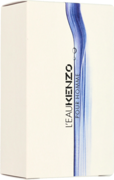 Białe pudełko męskiej wody toaletowej Kenzo L'Eau Pour Homme z pionowym, błękitnym wzorem fal, widok z przodu.