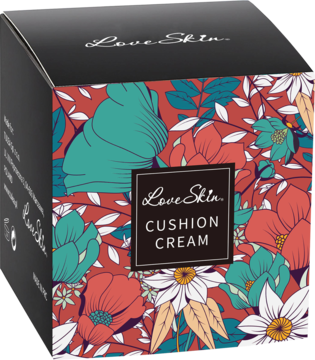 Nawilżający krem BB Love Skin Cushion Cream w pudełku z czerwono-zielonym wzorem kwiatowym, widok pod kątem.