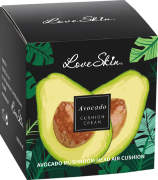 Opakowanie Love Skin Avocado Cushion Cream, czarne z grafiką awokado i zielonych liści, widok z przodu, lekko z boku.
