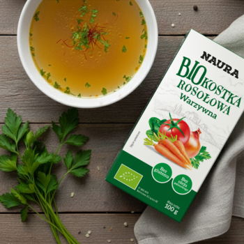 Naura BIO kostka rosołowa warzywna, zielone pudełko obok złocistej zupy i świeżej pietruszki.