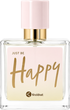 Woda toaletowa Just be Happy Kruidvat, butelka z różową etykietą i złotym napisem, zapach róży i neroli, widok z przodu.