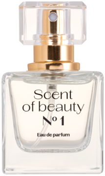 Scent of beauty N°1 woda perfumowana dla kobiet, przezroczysta butelka, złoty atomizer, widok z przodu.