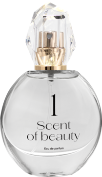 Perfumy Scent of beauty N°1, okrągła butelka z przejrzystego szkła, fasetowana nakrętka, napis 'Scent of beauty', widok z przodu.