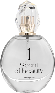 Scent of beauty N°1 woda perfumowana, okrągła szklana butelka z fasetowanym korkiem, złoty atomizer, widok z przodu.