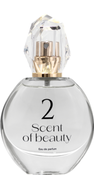 Scent of beauty N°2 woda perfumowana, szklana butelka z okrągłym dnem, złoty atomizer, fasetowany korek, widok z przodu.