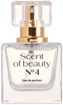 Scent of beauty N°4 woda perfumowana dla kobiet w szklanej butelce z złotym atomizerem, widok z przodu.