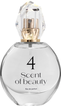 Okrągła, przejrzysta butelka Scent of beauty N°4 wody perfumowanej, z fasetowaną nakrętką i złotym atomizerem.