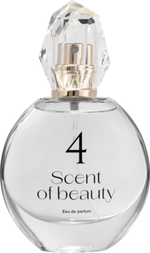 Scent of beauty N°4 woda perfumowana dla kobiet. Widok z przodu: przezroczysta, okrągła butelka, fasetowany korek.