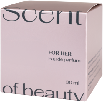 Jasnoróżowe pudełko perfum Scent of beauty, woda perfumowana dla kobiet 30 ml, widok z przodu i boku.