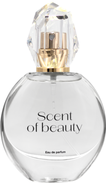 Scent of beauty woda perfumowana dla kobiet, owalna butelka z przezroczystego szkła, złoty atomizer, kryształowa nakrętka.