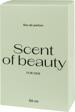 Jasne beżowe pudełko Scent of beauty, woda perfumowana dla kobiet 50 ml, widok z przodu pod lekkim kątem.