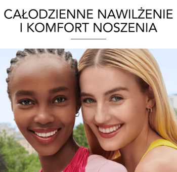 Dwie uśmiechnięte kobiety. Tekst promocyjny: 'Całodzienne nawilżenie i komfort noszenia' Bourjois Healthy Mix.