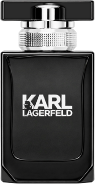 Aromatyczna woda toaletowa Karl Lagerfeld w czarnej, prostokątnej butelce ze srebrnym logo, widok z przodu.