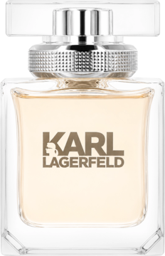Karl Lagerfeld kwiatowo-owocowa woda perfumowana w szklanej butelce z jasnym płynem i srebrnym korkiem, z przodu.