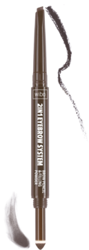 Brązowa kredka do brwi WIBO 2in1 Eyebrow System nr 3, dwustronna, z widocznymi próbkami koloru.