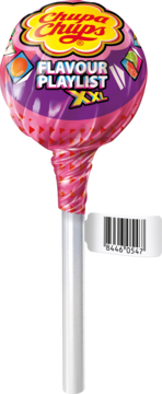 Chupa Chups Flavour Playlist XXL, lizak w różowo-fioletowej folii z owocowymi wzorami, biały patyk, przód.