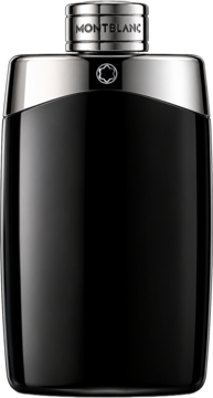 Montblanc Legend woda toaletowa męska. Elegancka czarna butelka z błyszczącym srebrnym korkiem, logo, widok z przodu.