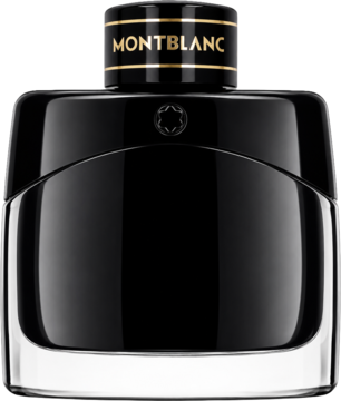 Montblanc Legend woda perfumowana dla mężczyzn. Elegancka czarna butelka ze złotym paskiem na korku, widok z przodu.