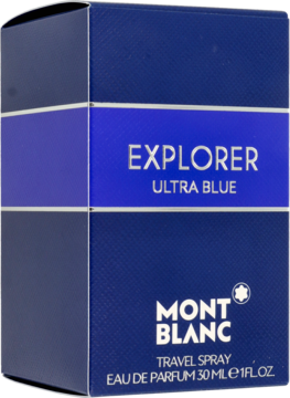 Granatowe pudełko Mont Blanc Explorer Ultra Blue EDP 30ml travel spray, z widocznym logo i nazwą z przodu.