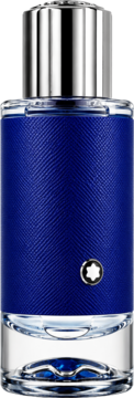 Woda perfumowana Mont Blanc Explorer Ultra Blue, butelka z niebieską fakturowaną powierzchnią, srebrną zakrętką i logo, widok z przodu.