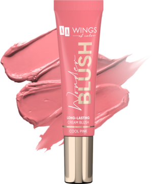 Róż w kremie Wonder Blush 01 Cool Pink w różowej tubce ze złotą nakrętką, z rozmazanym różem wokół.