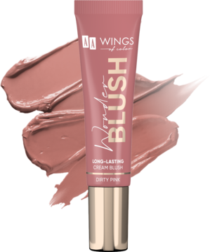 Róż w kremie Wings of Color Wonder Blush 02 Dirty Pink w tubce, z rozmazanymi próbkami koloru na różowym tle.