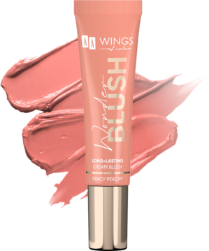 Długotrwały róż Wonder Blush Fancy Peachy w tubce, z kremowymi próbkami koloru na pastelowym tle.