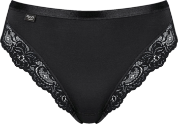 Czarne figi damskie Sloggi Romance Tai z bawełny, z koronkowymi panelami po bokach, widok z przodu.